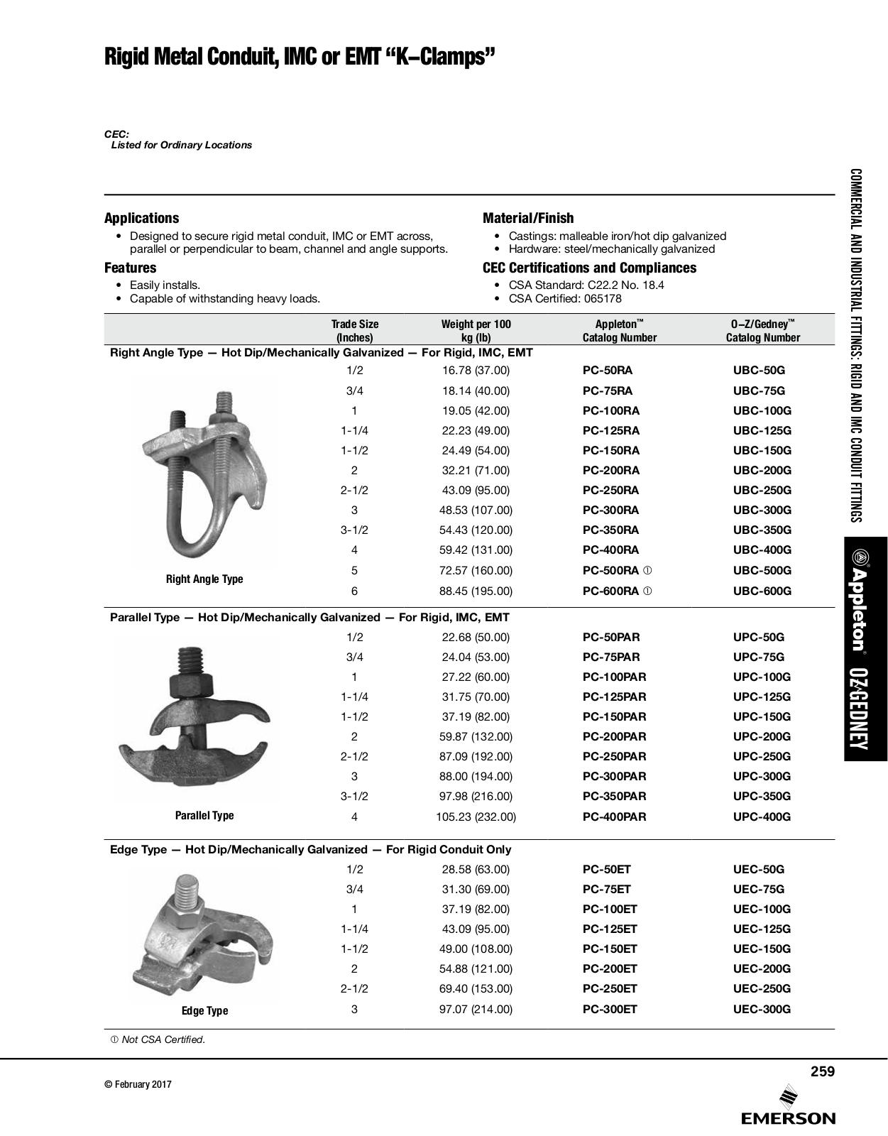 Appleton Rigid Metal Conduit IMC or EMT “K-Clamps” Catalog Page