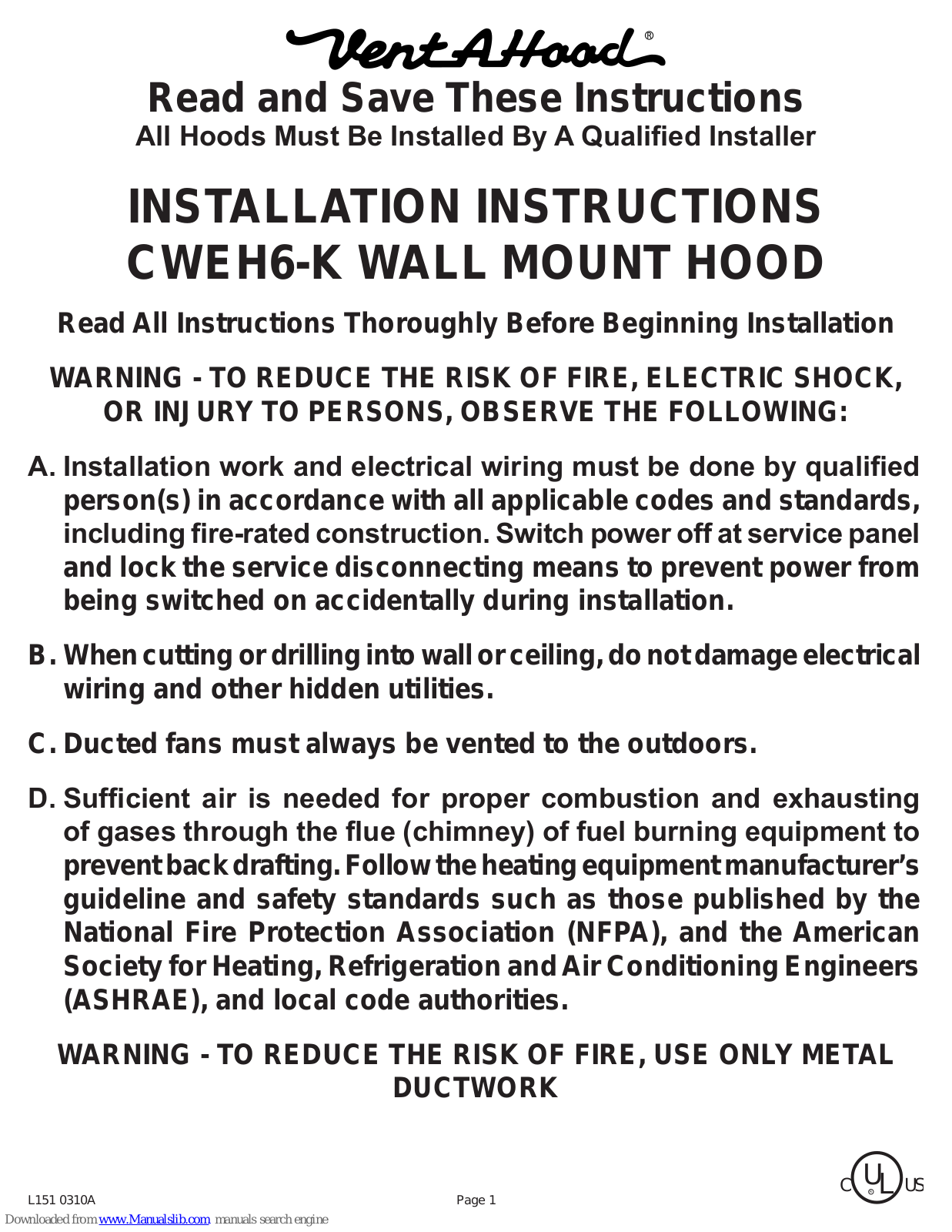 Vent-a-Hood CWEH6-K Installation Instructions Manual