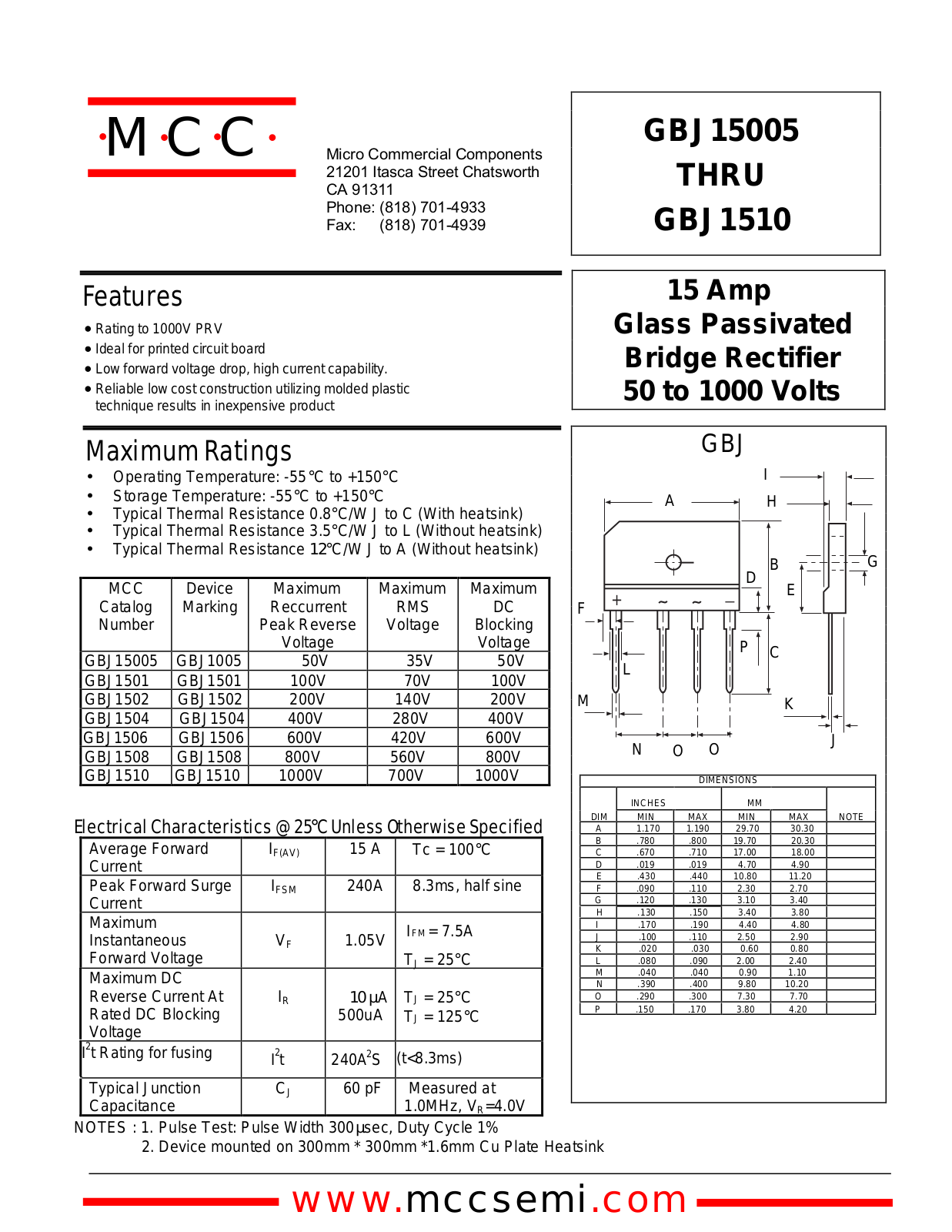 MCC GBJ1510, GBJ1506, GBJ1504, GBJ1502, GBJ1501 Datasheet