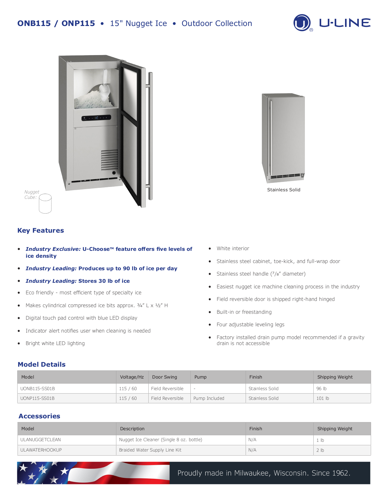 U-Line UONP115-SS01B, UONB115-SS01B Specification Sheet