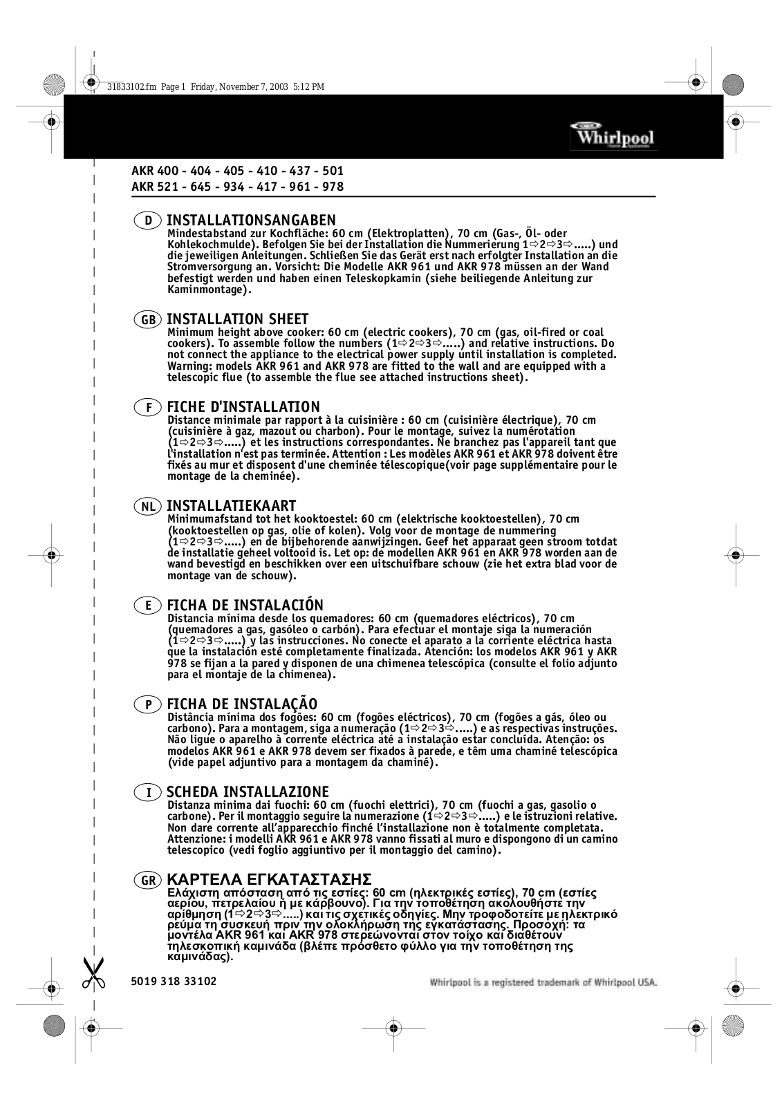 Whirlpool AKR 978 IX, AKR 417WH, AKR 417 AV INSTRUCTION FOR USE