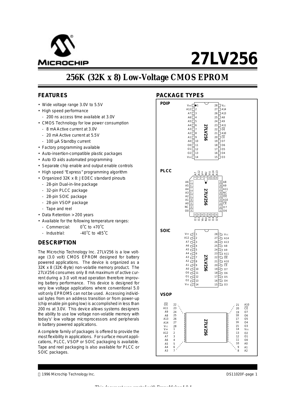 Microchip Technology Inc 27LV256-30I-VS, 27LV256-30I-SO, 27LV256-30I-L, 27LV256-30-VS, 27LV256-30-P Datasheet