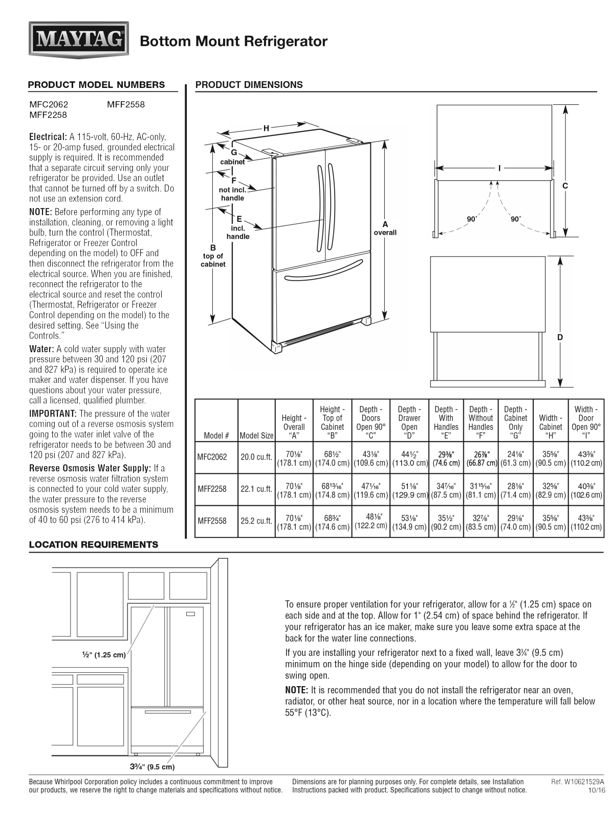 Maytag MBF2258FEZ, MBF1958FEZ, MFC2062FEZ, MFF2258FEZ, MFF2558FEZ Dimension Guide