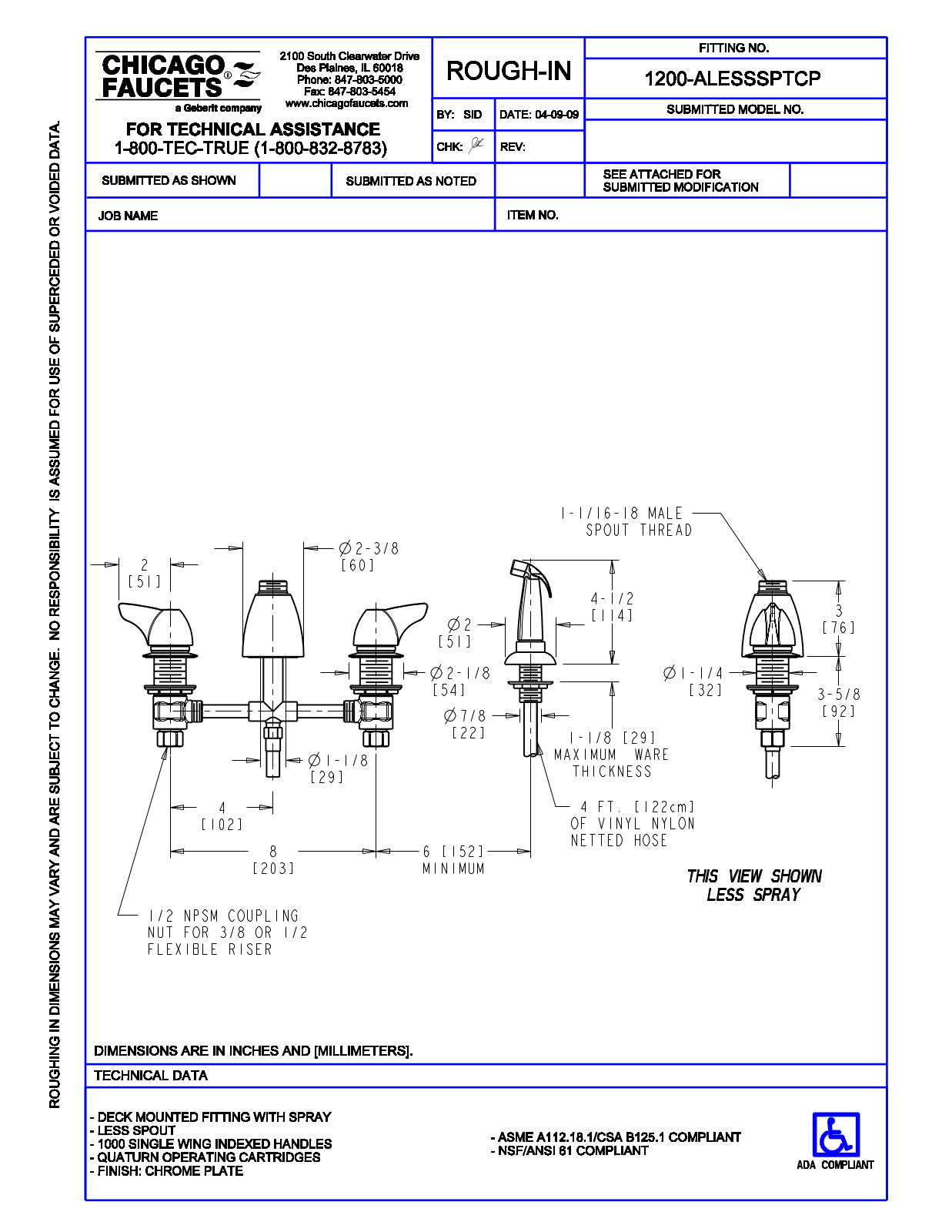 Chicago Faucet 1200-ALESSSPTCP User Manual