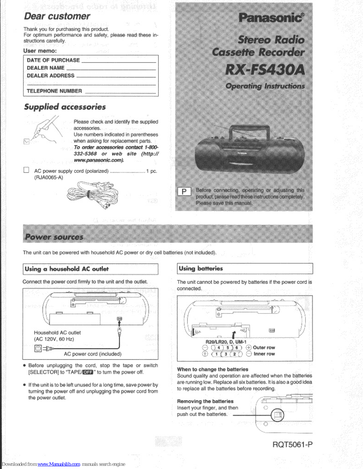 Panasonic RXFS430A - RADIO CASSETTE-LOW P Operating Instructions Manual