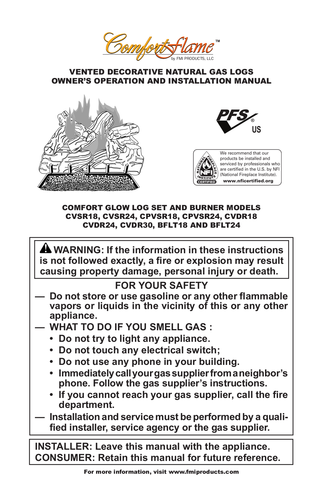 Comfort Glow CVSR18, CVSR24, CPVSR24, CVDR18, CPVSR18 Owner's Operation And Installation Manual