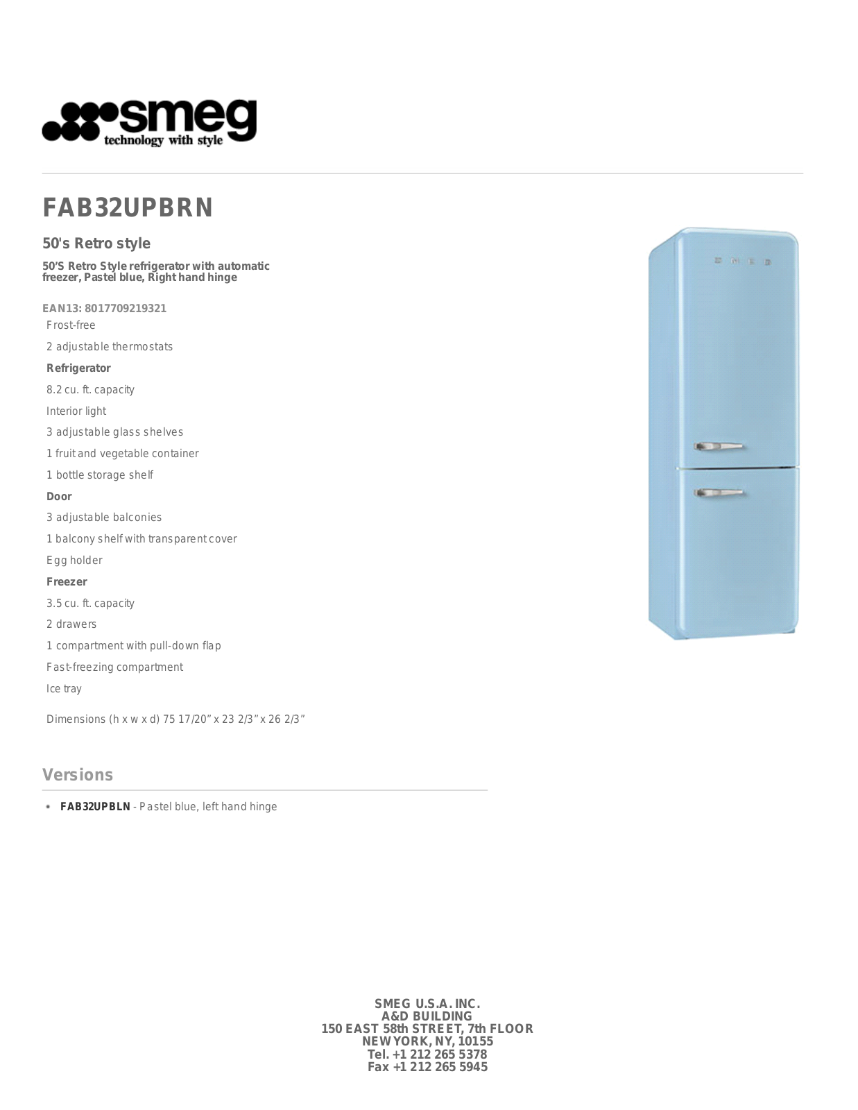 Smeg FAB32UPBRN Specification Sheet