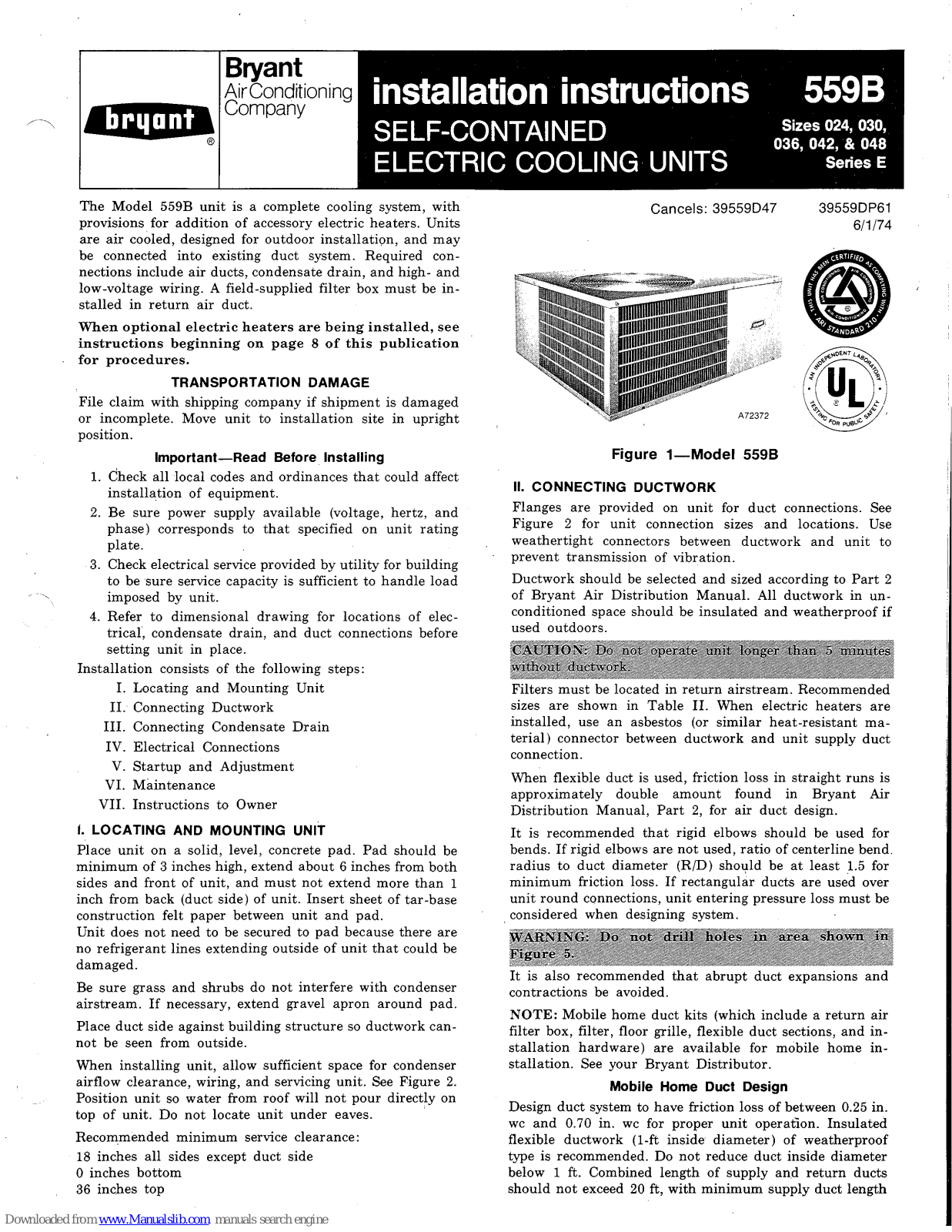 Bryant 559B-024-E, 559B-030-E, 559B-036-E, 559B-042-E, 559B-048-E Installation Instructions Manual