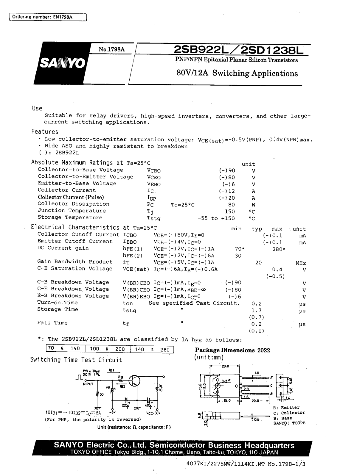 SANYO 2SD1238L, 2SB922L Datasheet