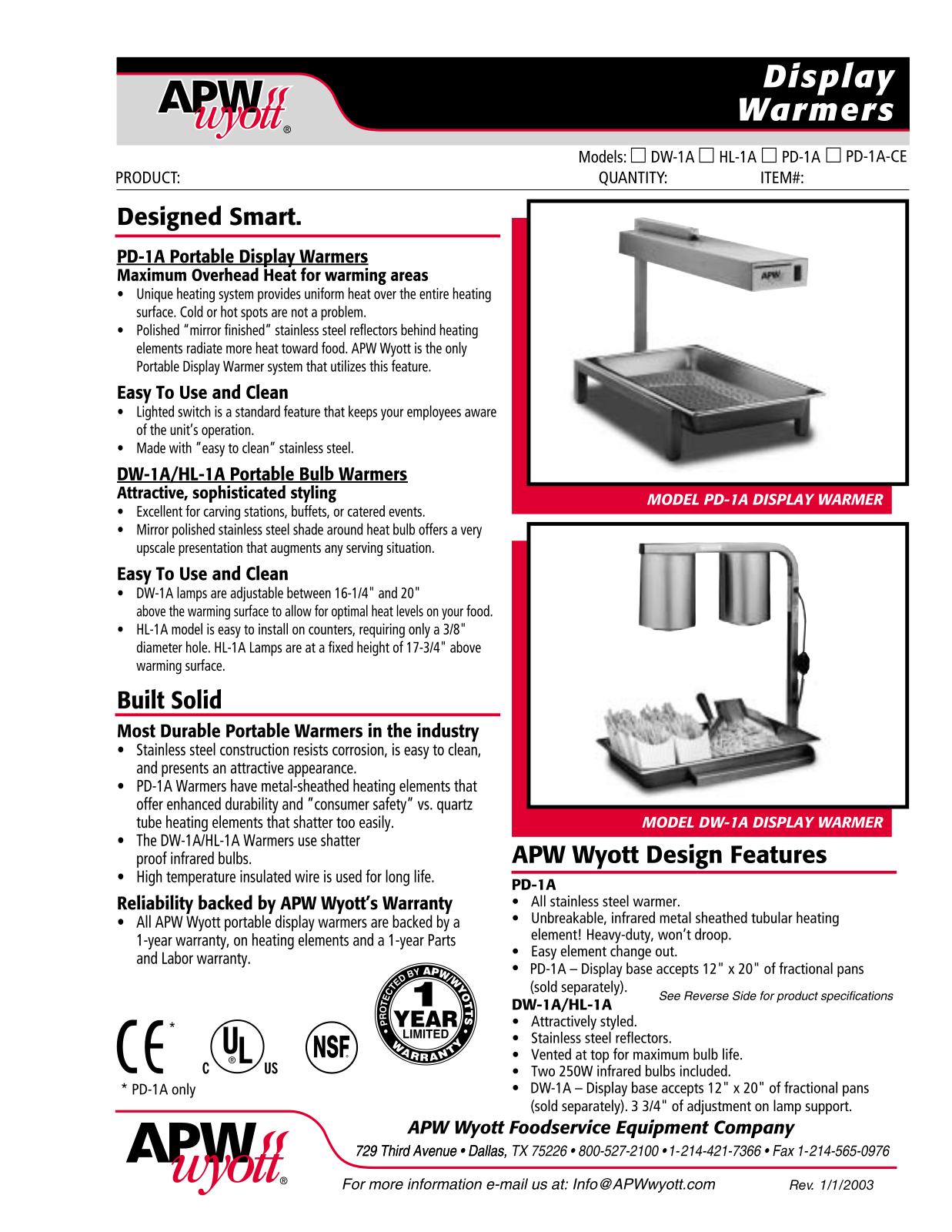 Wyott DW-1A Specifications