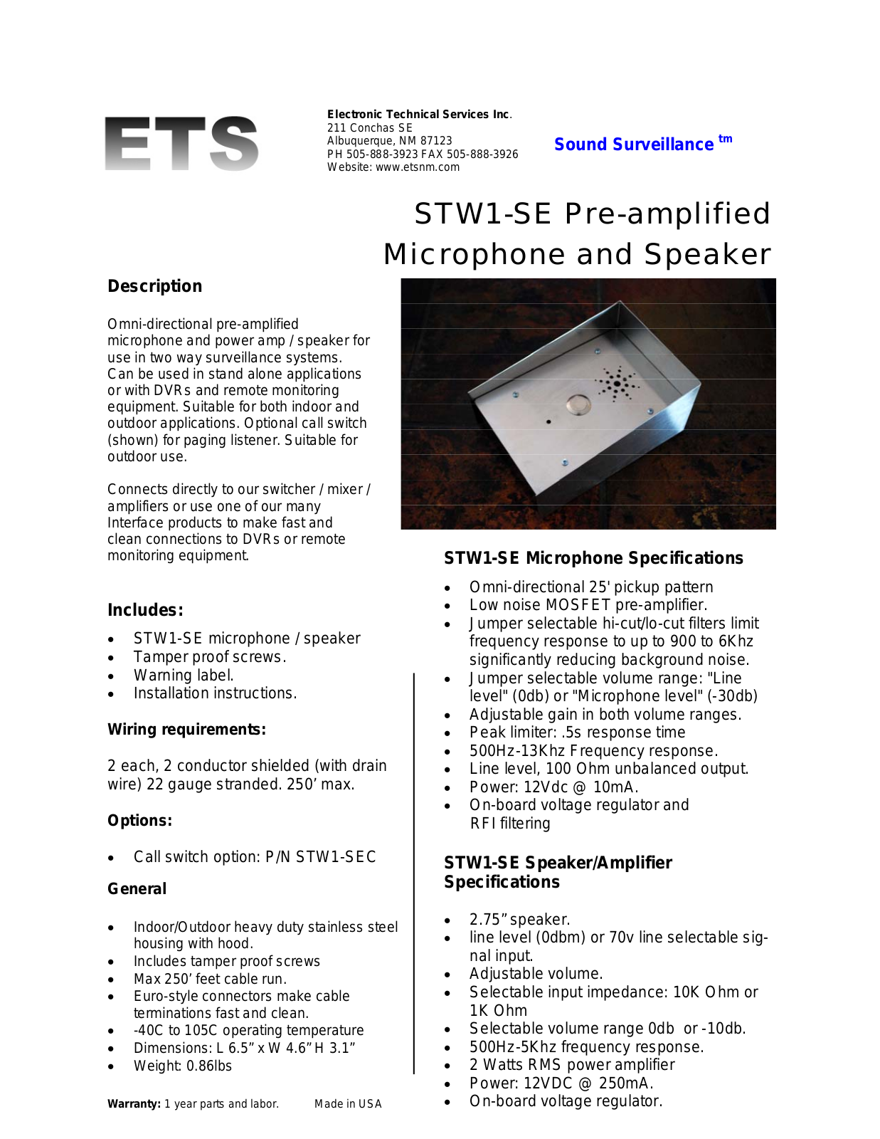 ETS STW1-SE Specsheet