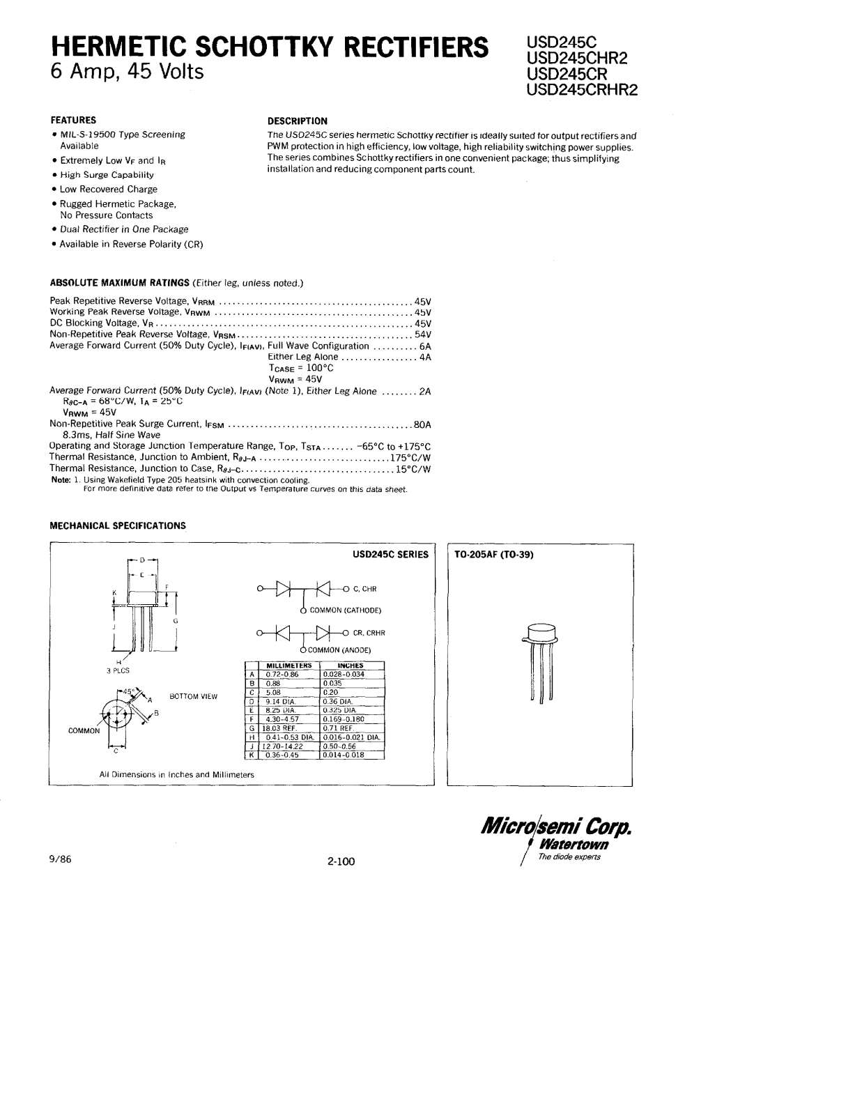 Microsemi USD245CRHR2, USD245CR, USD245CHR2, USD245C Datasheet