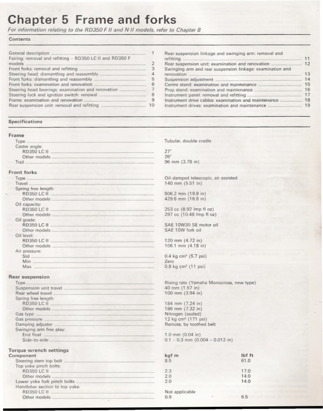 Yamaha RD350 YPVS Service Manual 5 Frame and forks