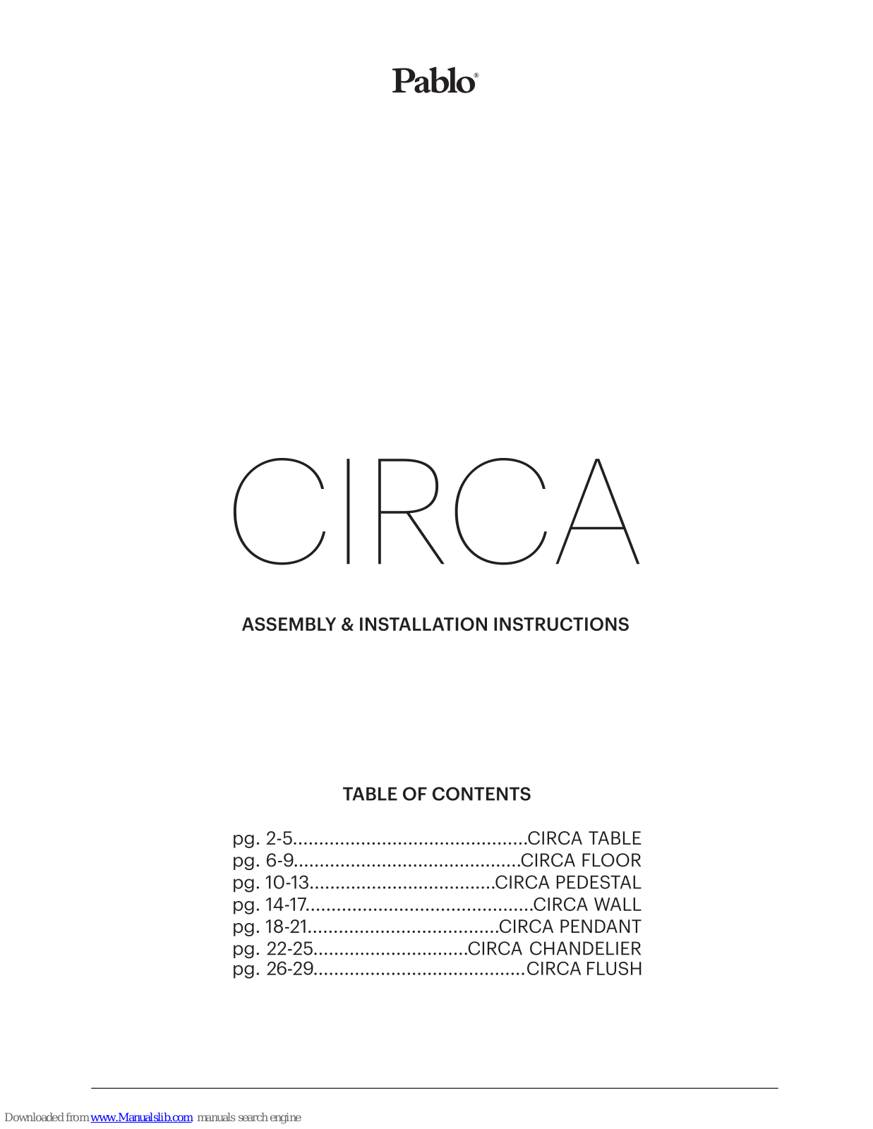 Pablo CIRCA TABLE, CIRCA WALL, CIRCA FLOOR, CIRCA PEDESTAL, CIRCA PENDANT Assembly  Manual