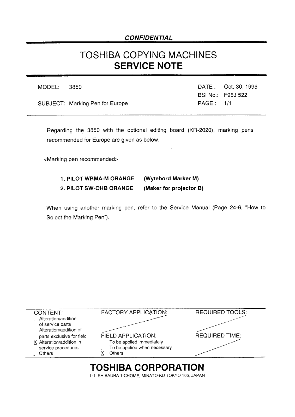 Toshiba f95j522 Service Note