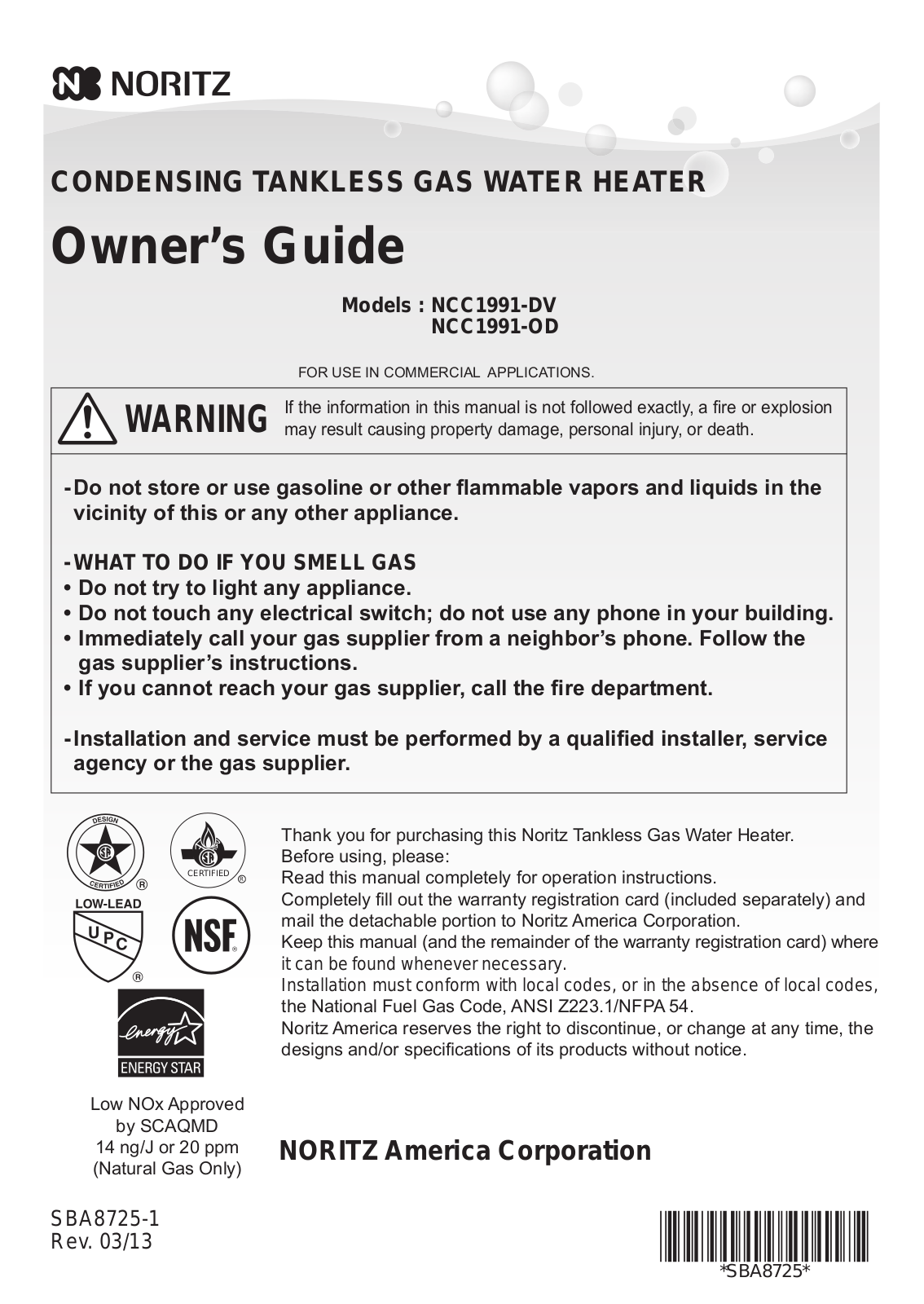 Noritz NCC1991-OD, NCC1991-DV User Manual