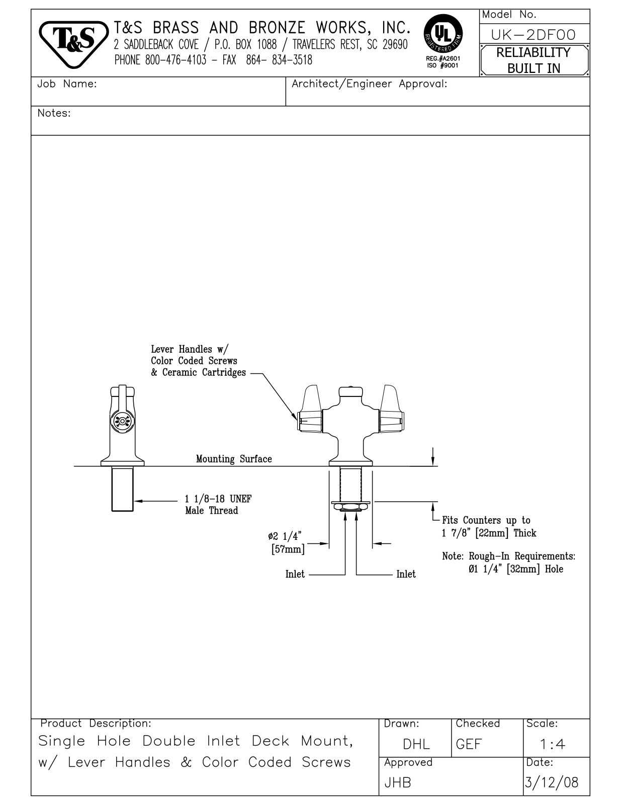 T&S Brass UK-2DF00 User Manual