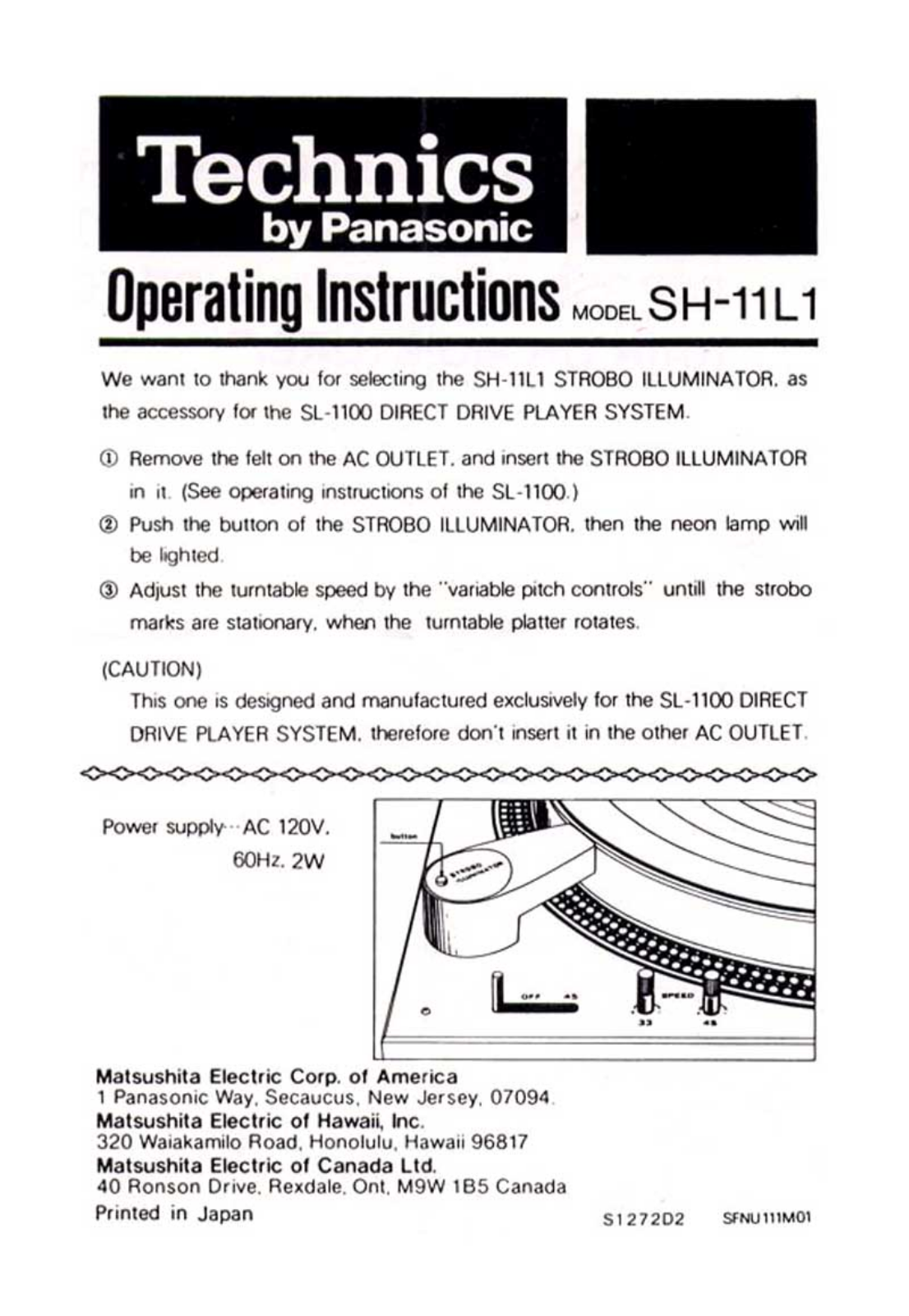 Technics SH-11-L-1 Owners manual