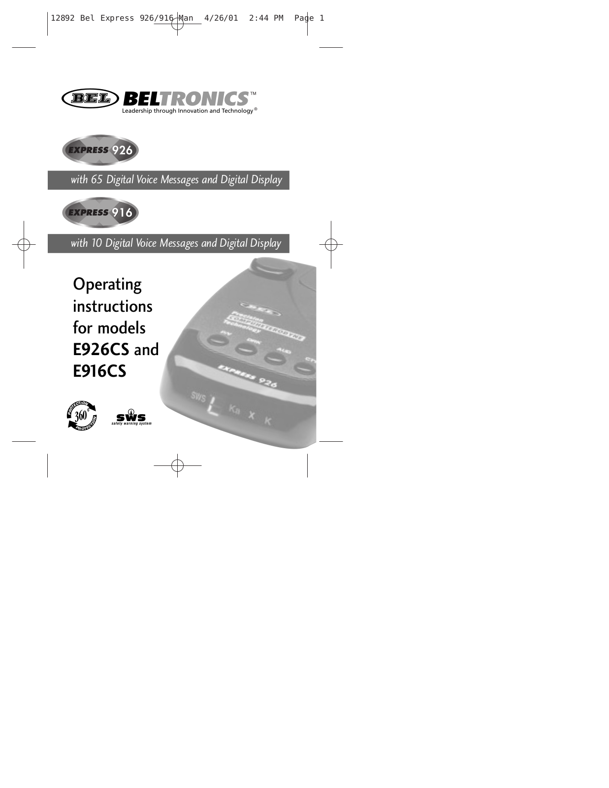 Beltronics 926, 916 User Manual