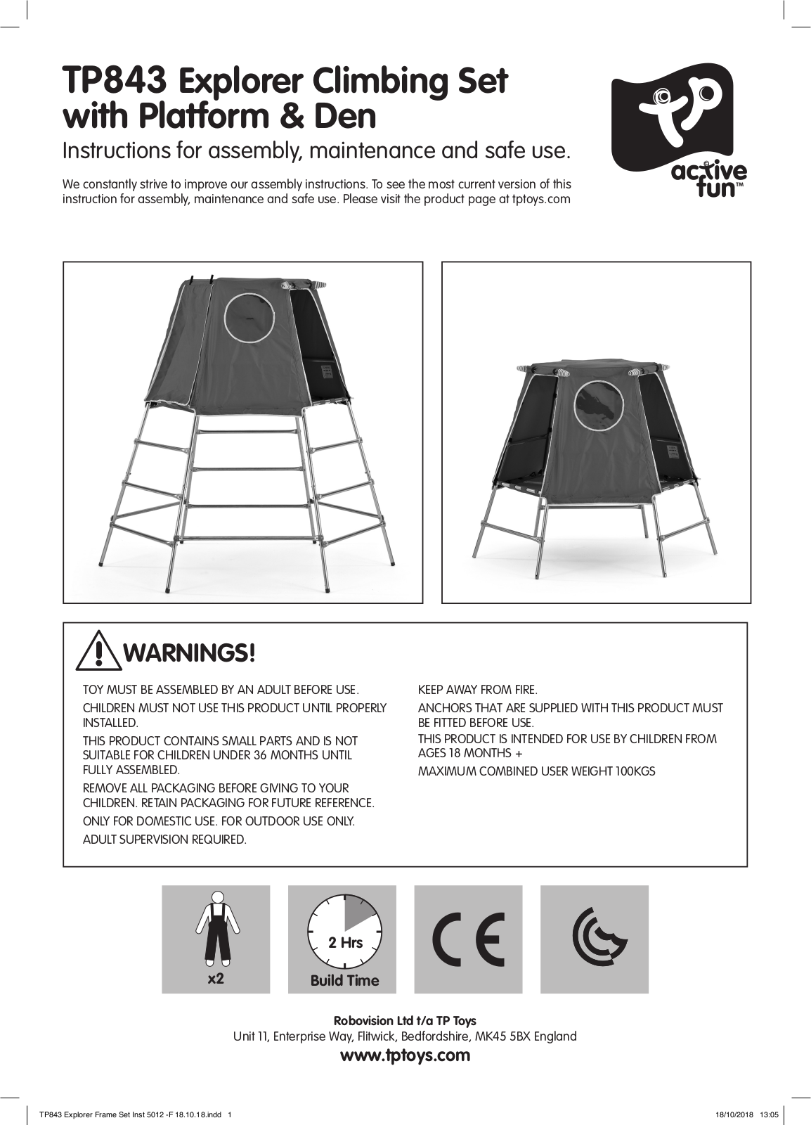 TP active fun Explorer Climbing Set with Platform & Den TP843, TP509 Instructions For Assembly, Maintenance And Safe Use