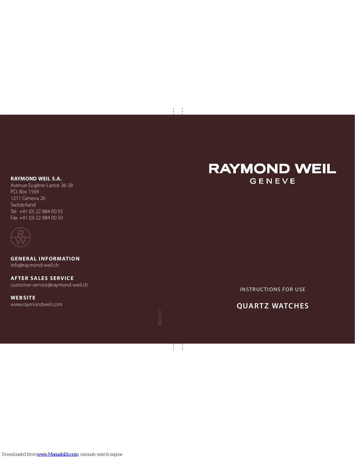 Raymond Weil ZGU 717 Instructions For Use Manual