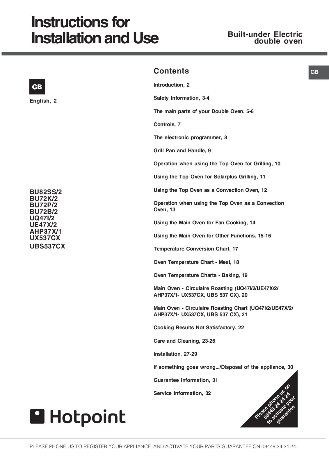 Hotpoint AHP37X/1, UX537CX, UBS537CX Instructions for use