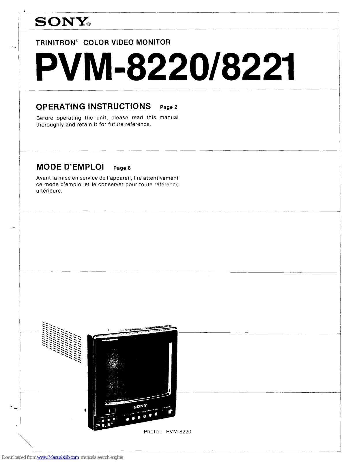 Sony Trinitron PVM-8220, Trinitron PVM-8221 Operating Instructions Manual