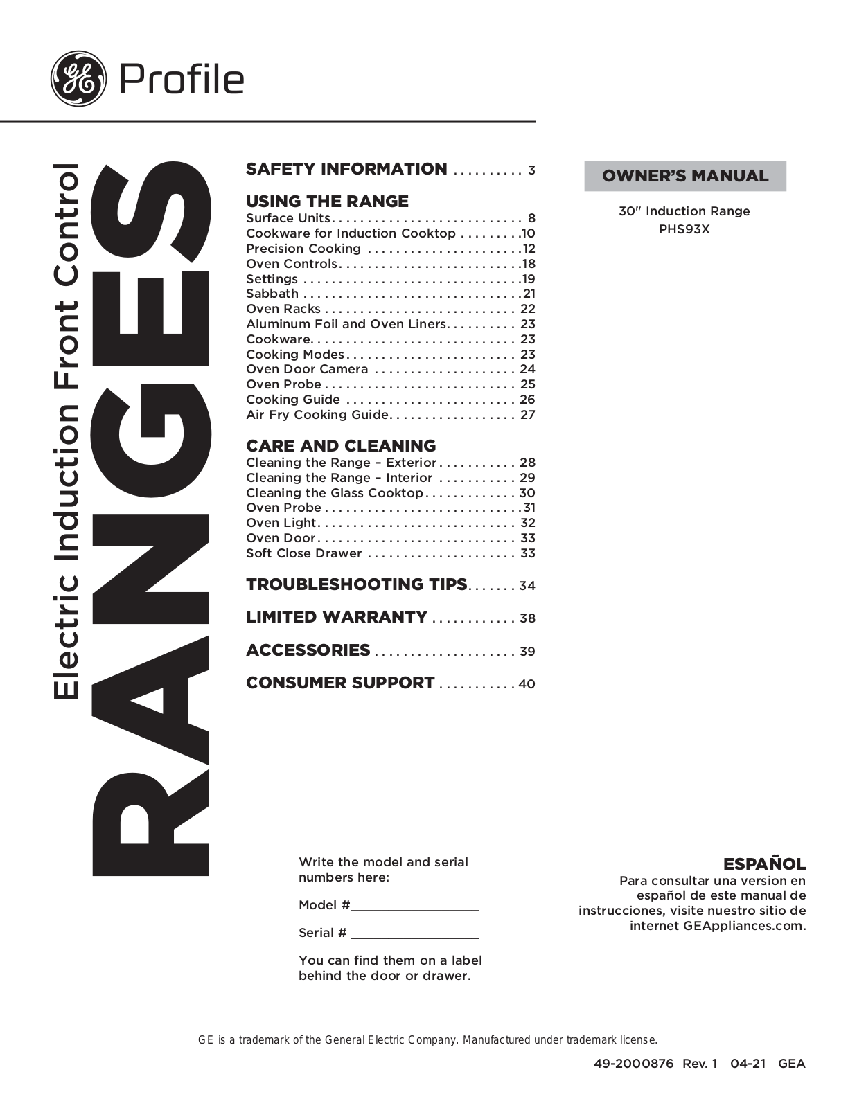 GE PHS93X Owner’s Manual