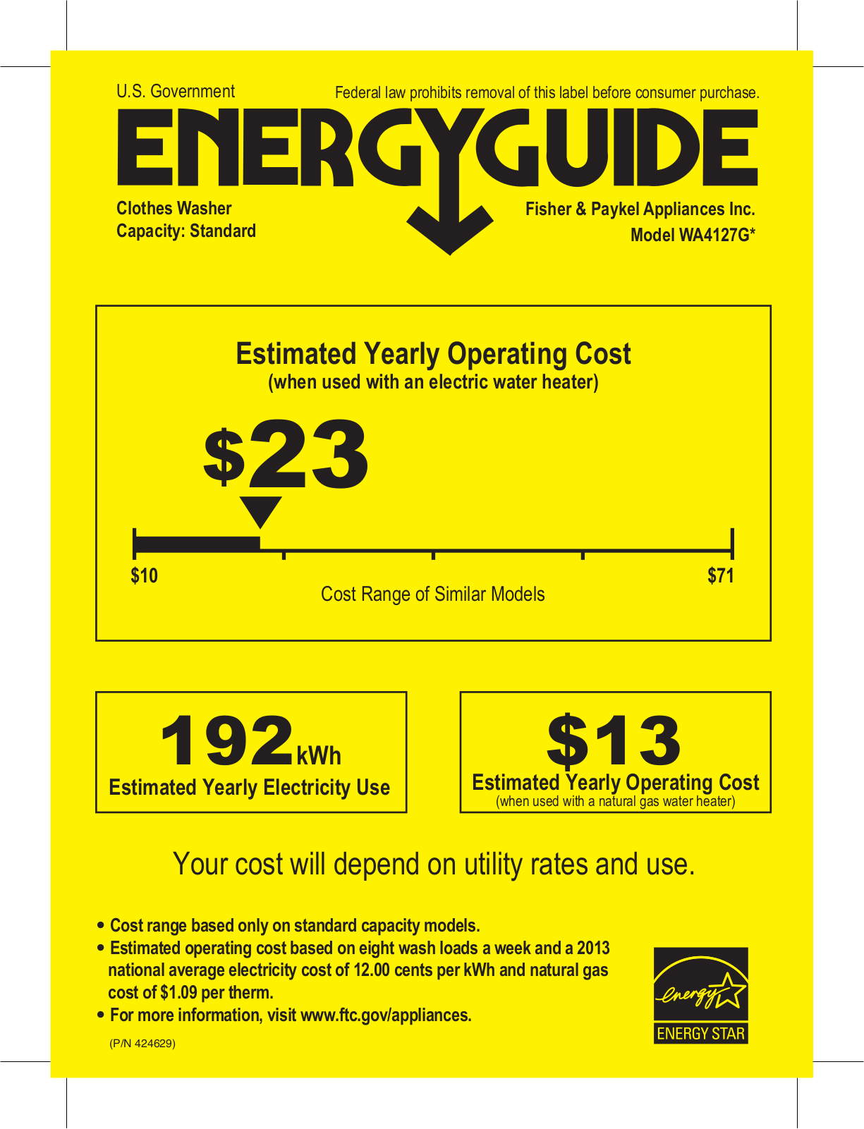 Fisher & Paykel WA4127G1 Energy Guide