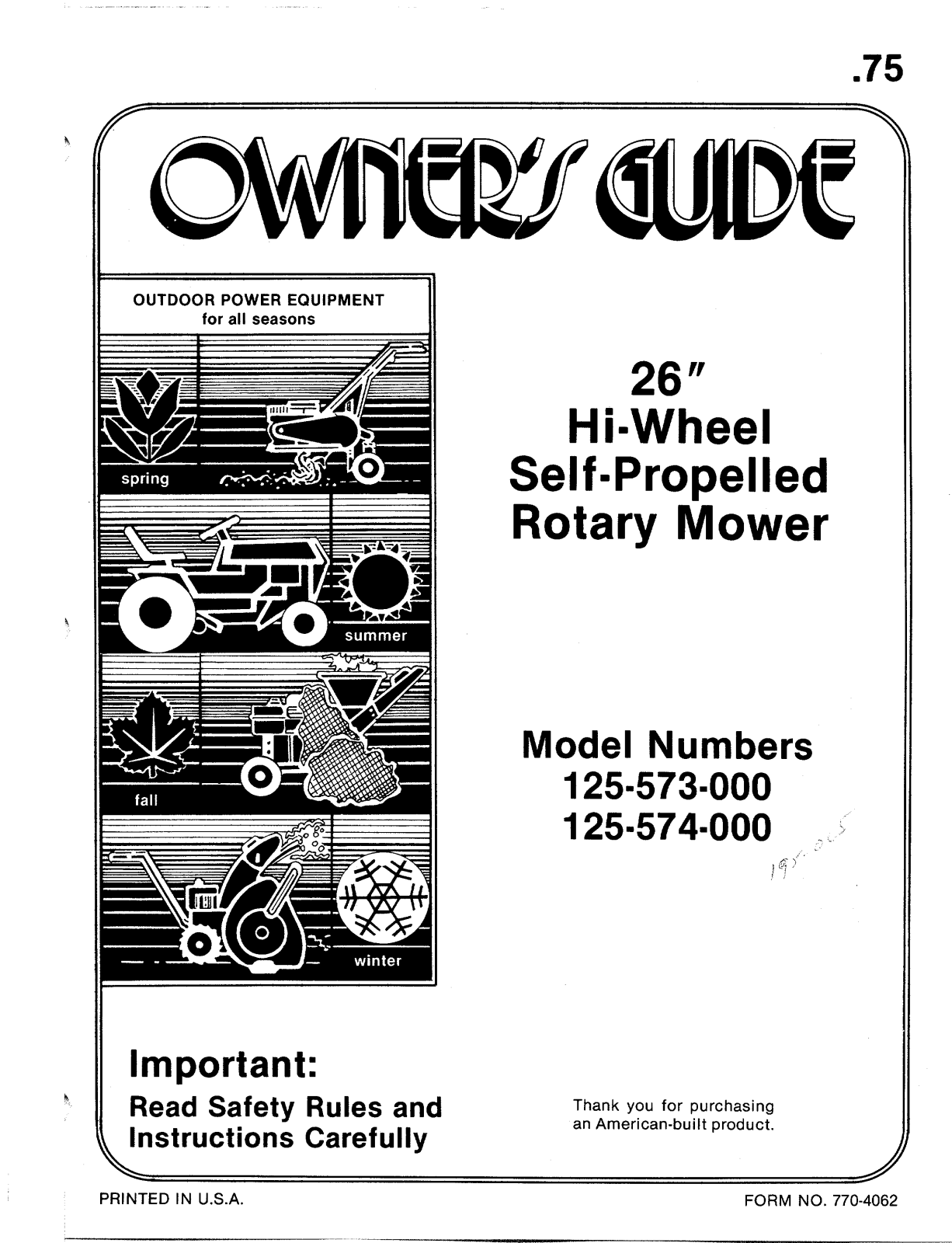 Mtd 125-574-000, 125-573-000 owners Manual