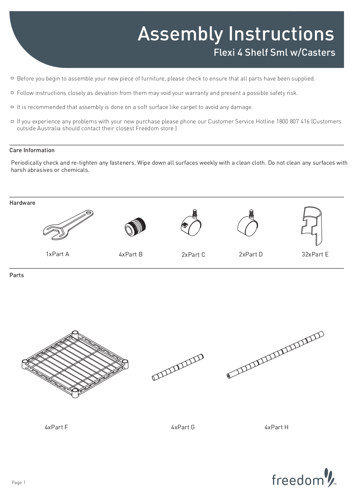 Freedom Flexi 4 Shelf Small with Castors Assembly Instruction