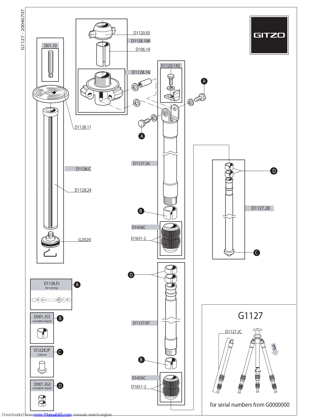 Gitzo Mountaineer Mk2 Series 1 G1127 G1127 G1127, Mk2 1 G1127 G1127 G1127 Parts List