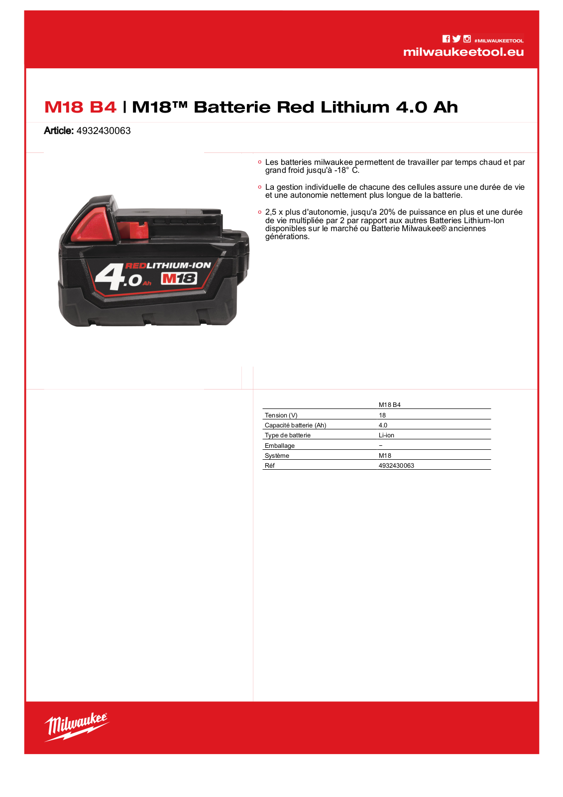 Milwaukee 4932430063, M18 B4 Specification - ManualMachine.com