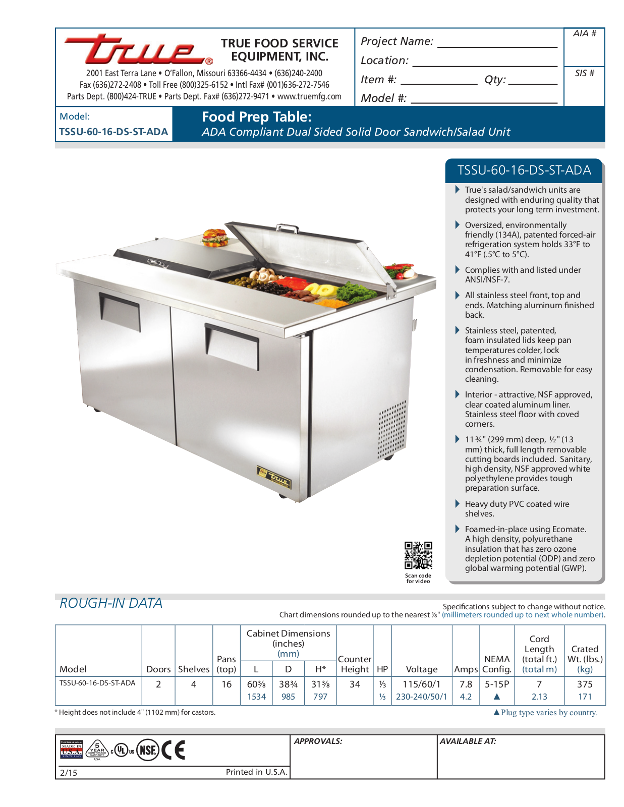 True TSSU-60-16-DS-ST-ADA User Manual