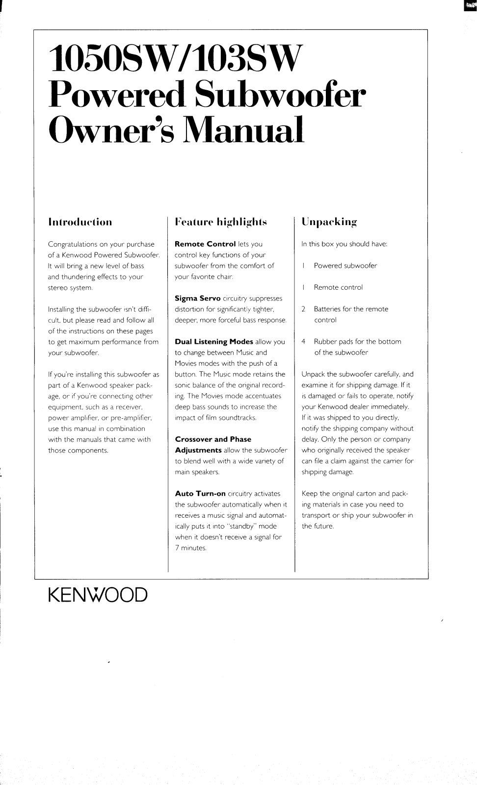 Kenwood 103SW, 1050SW Owner's Manual