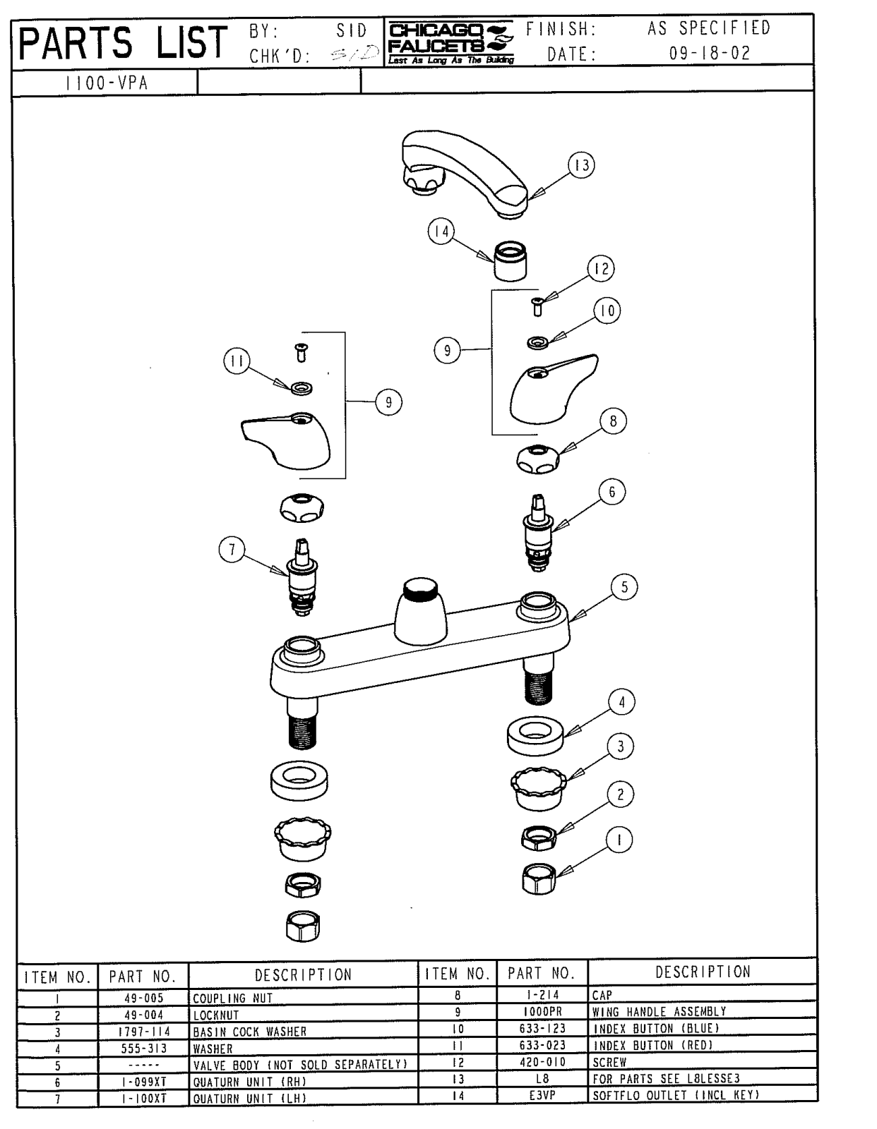 Chicago Faucet 1100-VPACP Parts List