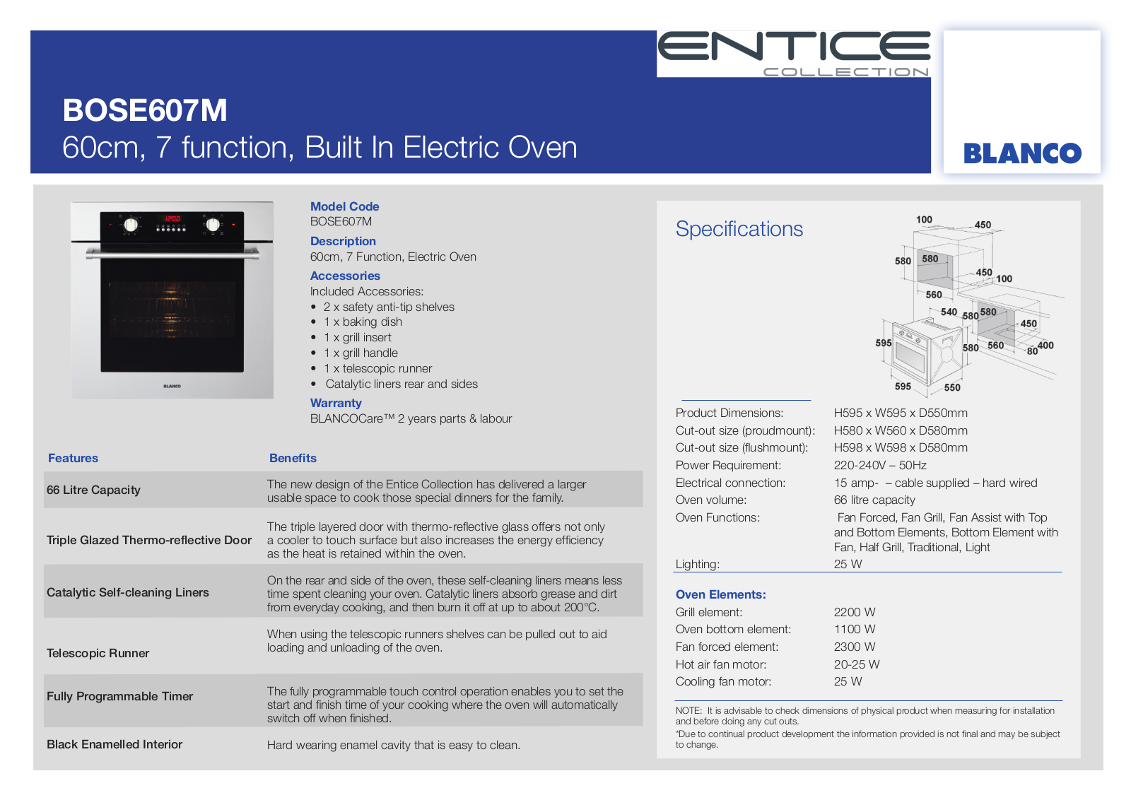 Blanco BOSE607M Specifications Sheet