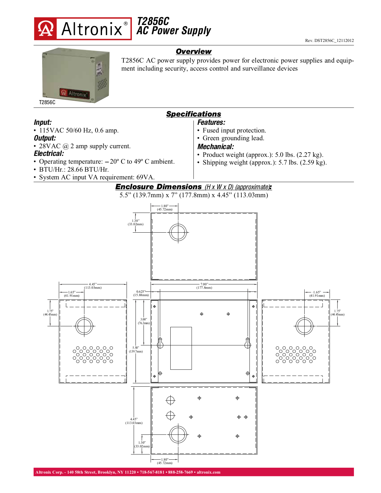 Altronix T2856C Specsheet