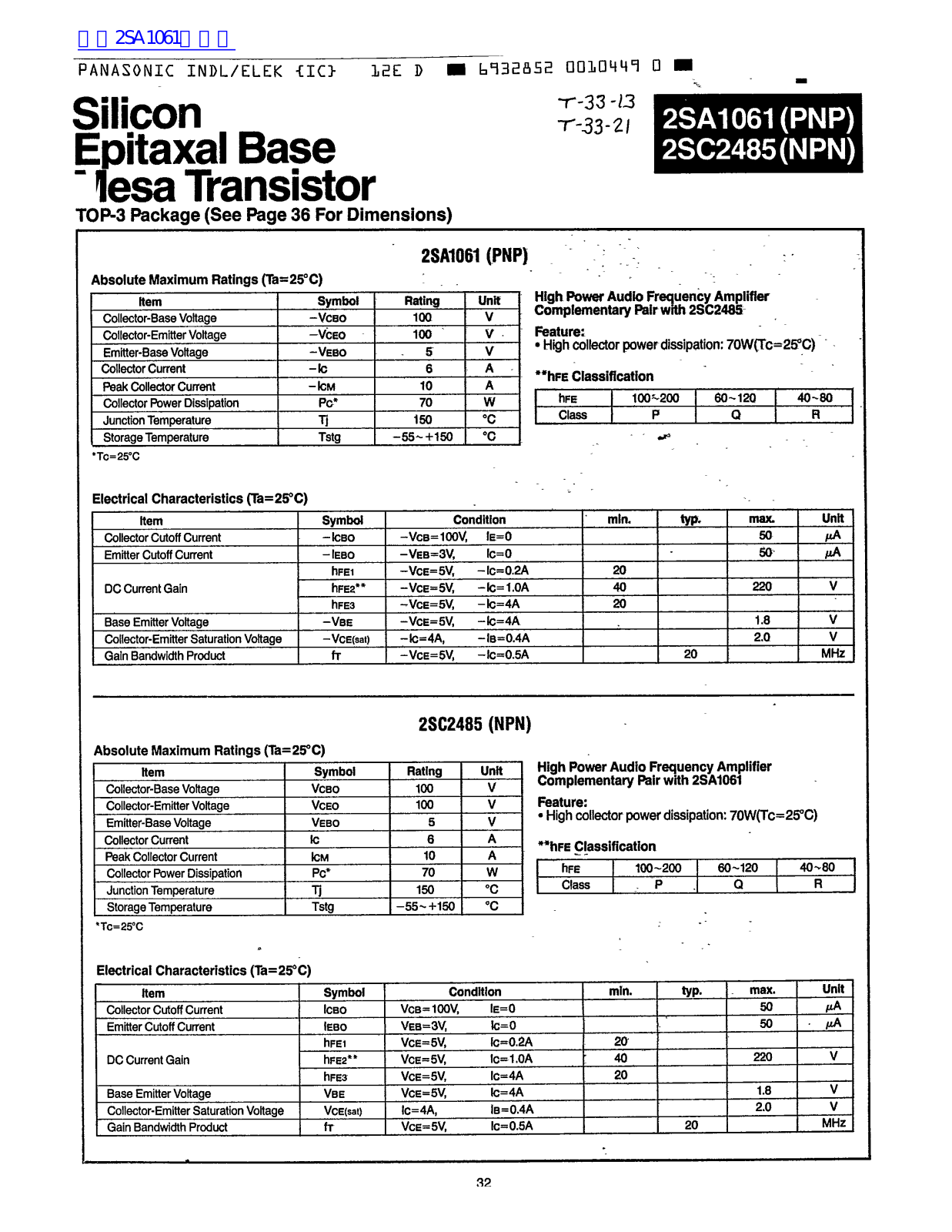 Panasonic 2SA1061, 2SC2485 User Manual