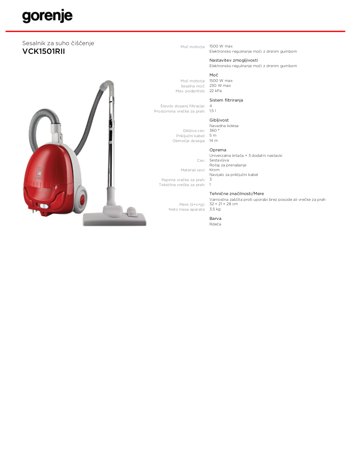 Gorenje VCK1501RII DATASHEET