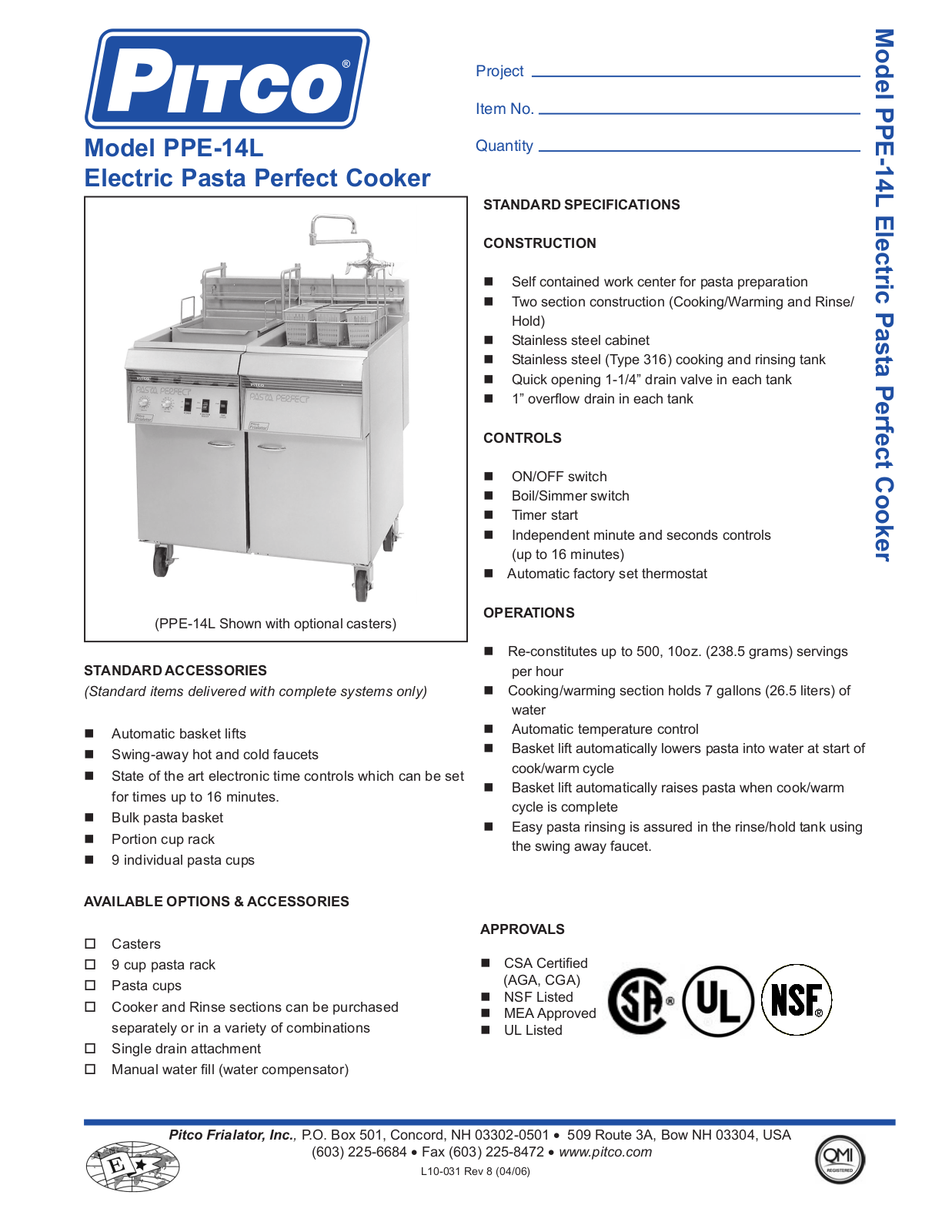 Pitco PE14 Specifications