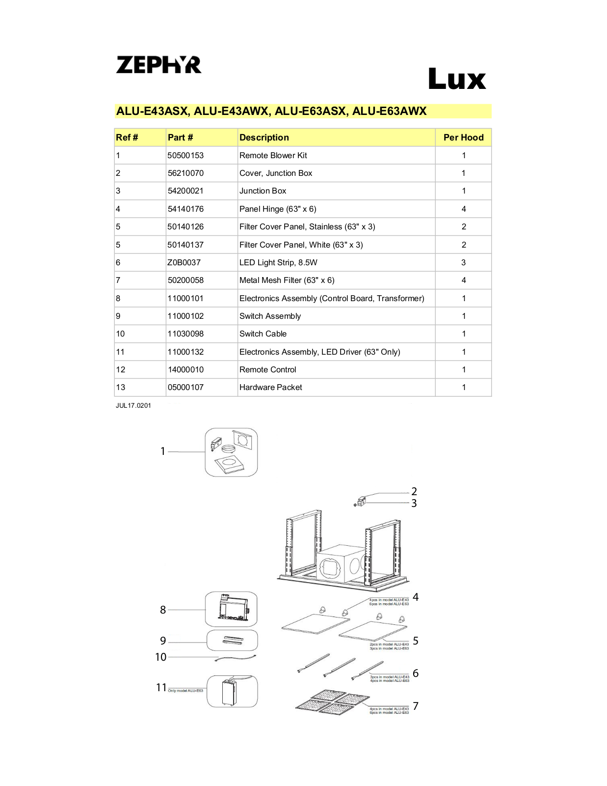 Zephyr ALUE43AWX Exploded View Diagram