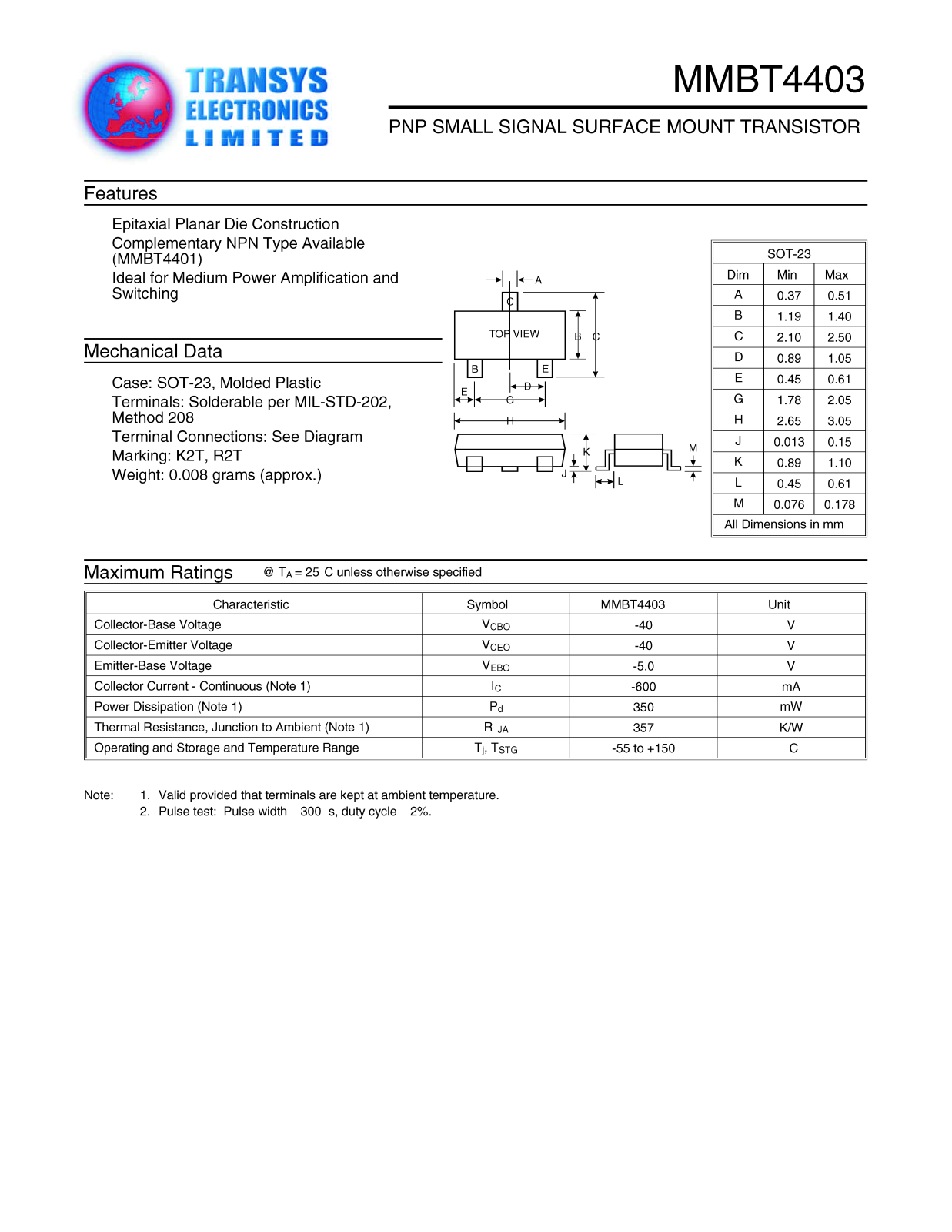 TRSYS MMBT4403 Datasheet