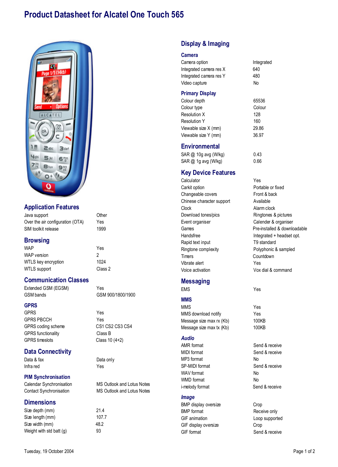 Alcatel ONE TOUCH 565 DATASHEET