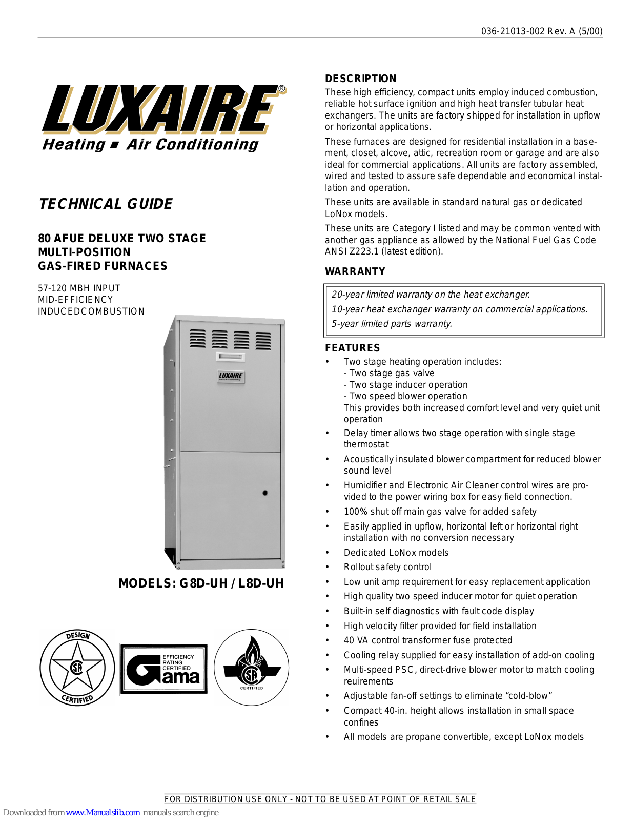 Luxaire G8D08016UHB11, G8D10012UHB11, G8D12016UHC11, G8D10020UHC11, G8D12020UHC11 Technical Manual