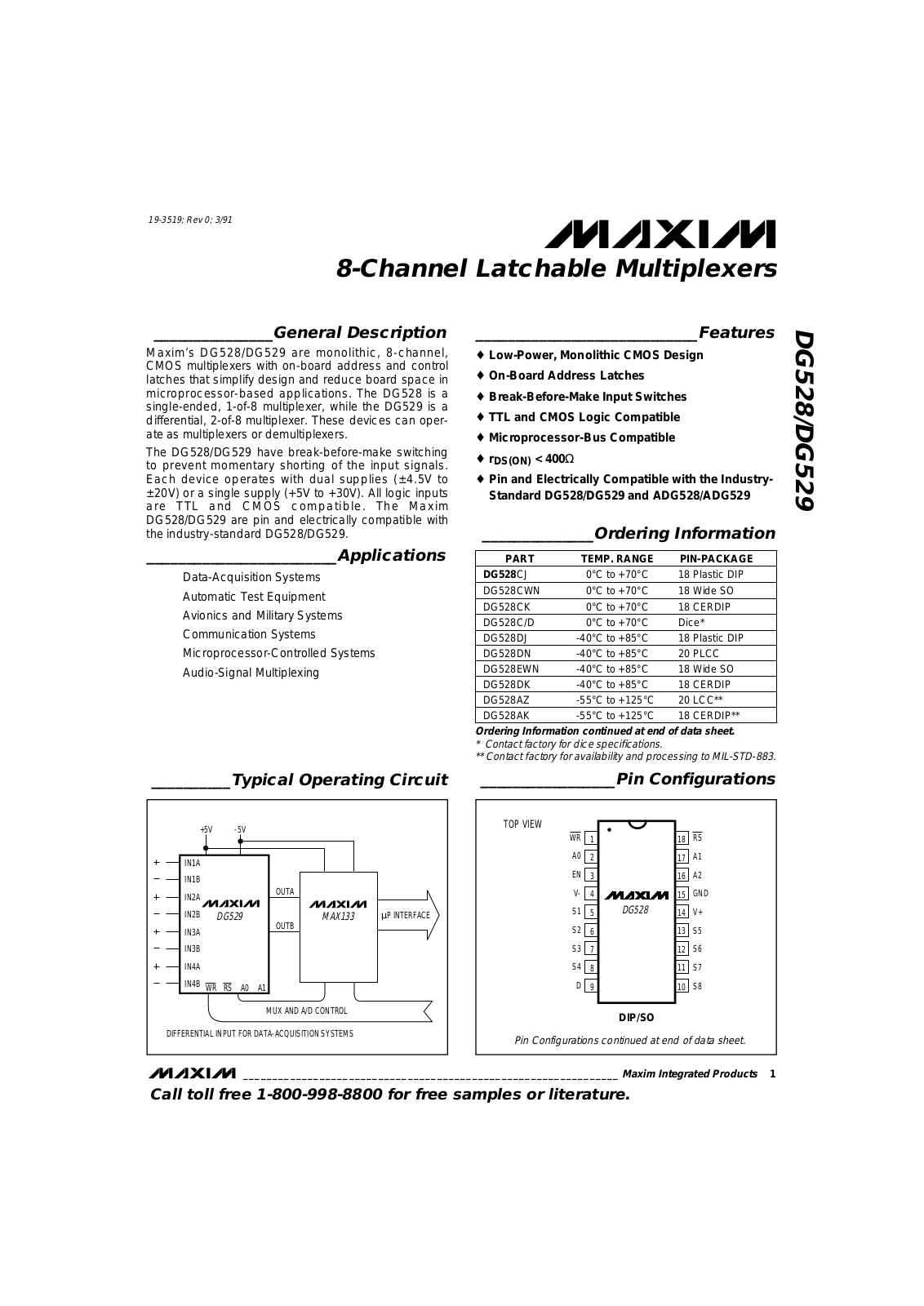 Maxim Integrated Producs DG529EWN, DG529DN, DG529DK, DG529DJ, DG529CWN Datasheet