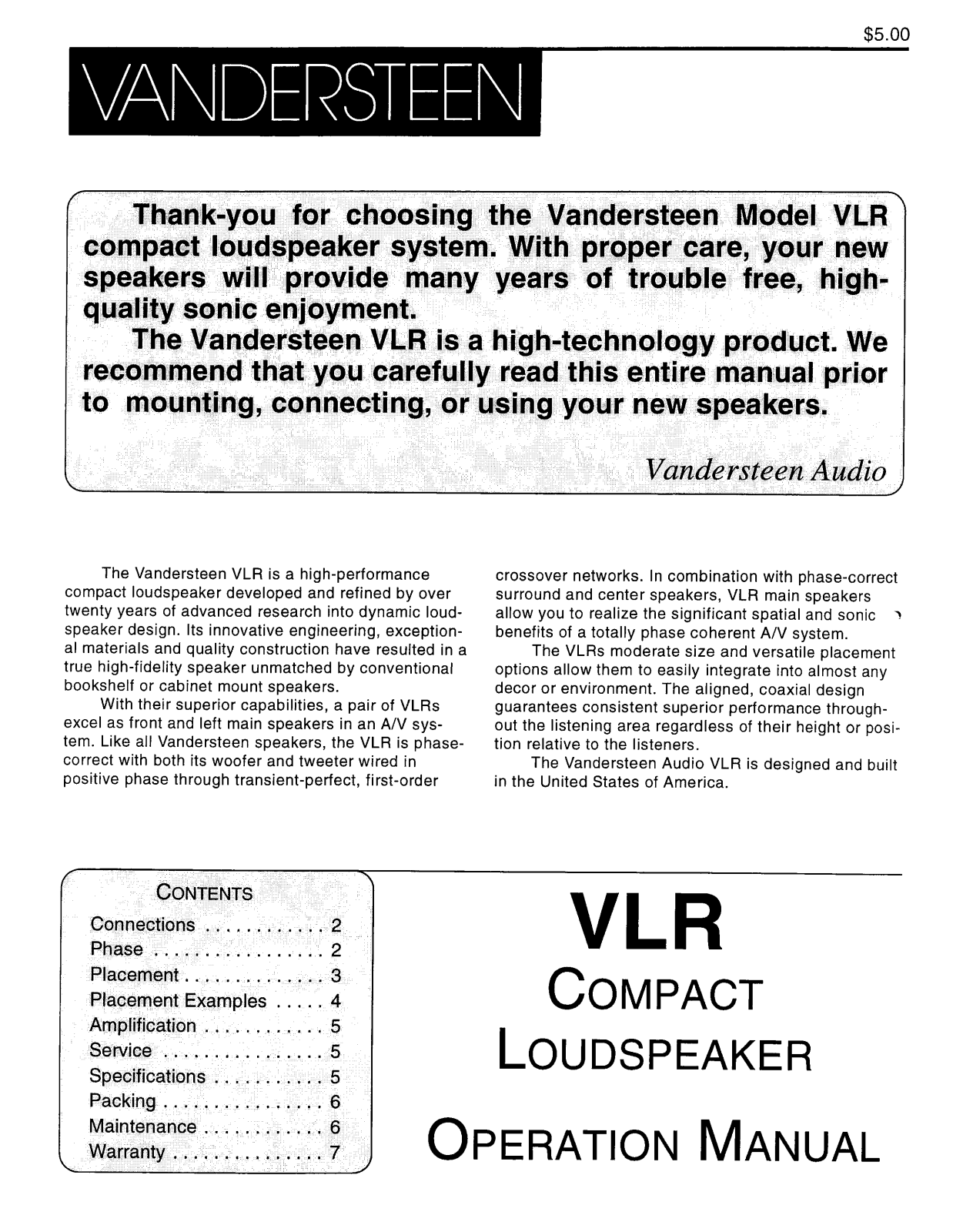Vandersteen VLR User guide - ManualMachine.com