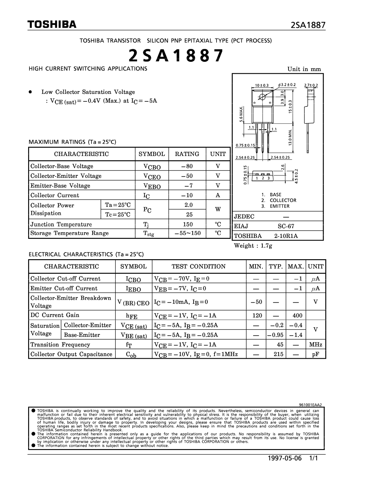 Toshiba 2SA1887 Datasheet