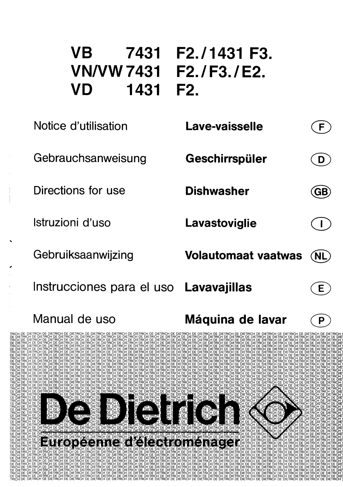 De dietrich VD1431F3, VD1431F1, VB7431F2, VW7431F3, VW7431E2 User Manual