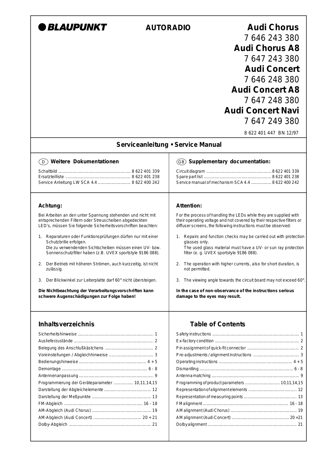 BLAUPUNKT AUDI CHORUS CONCERT, Audi Co Service Manual